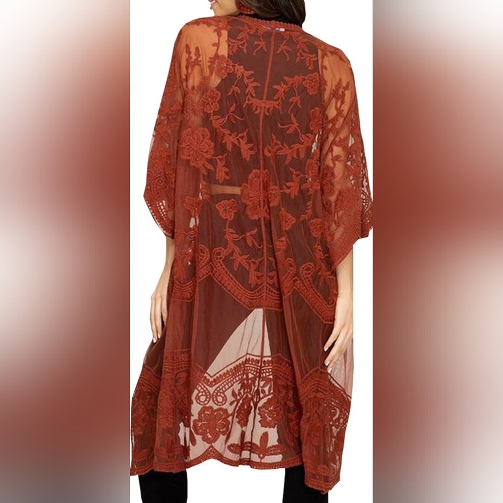 Embroidered Sheer Long Kimono in Rust
